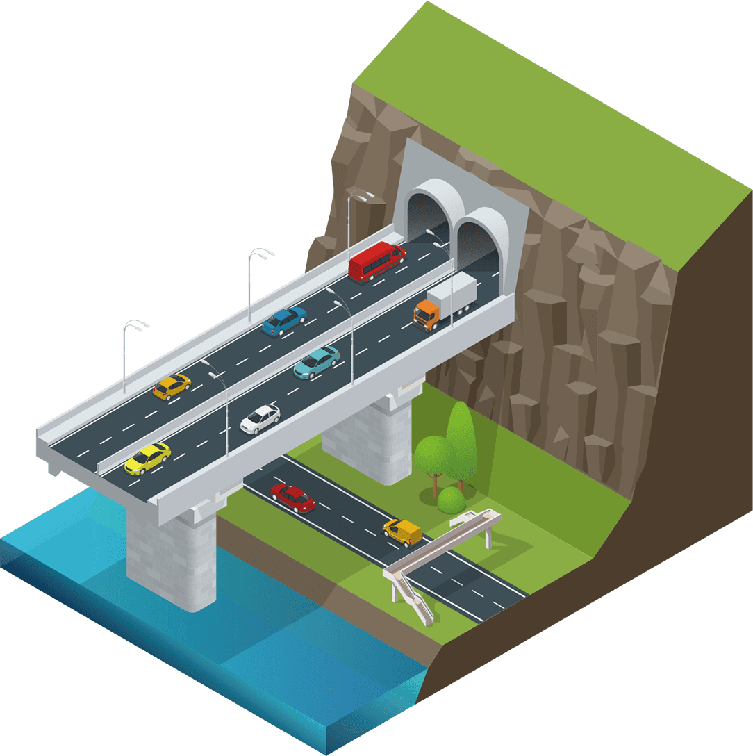 山・トンネル・道路・陸橋など工事現場のイラスト